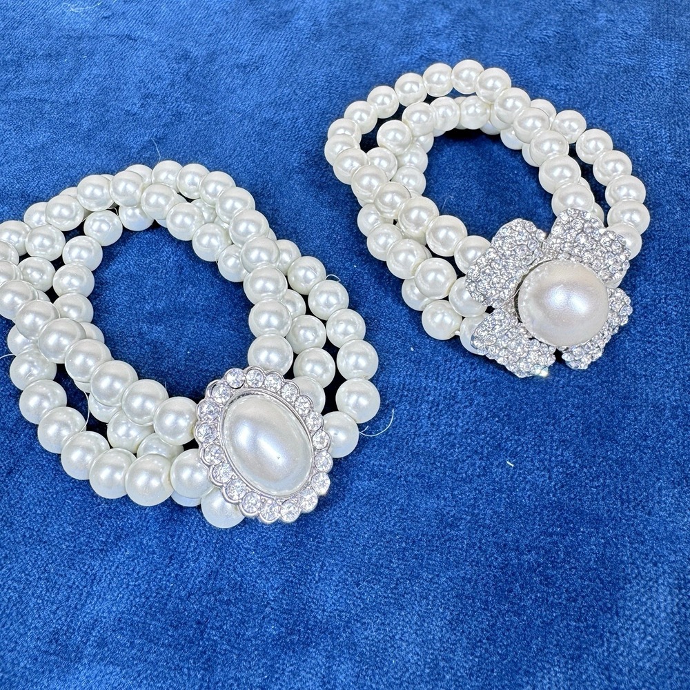 Faux Pearl Rhinestone Stretch Bracelet Set Silver Tone Bridal Costume Jewelry